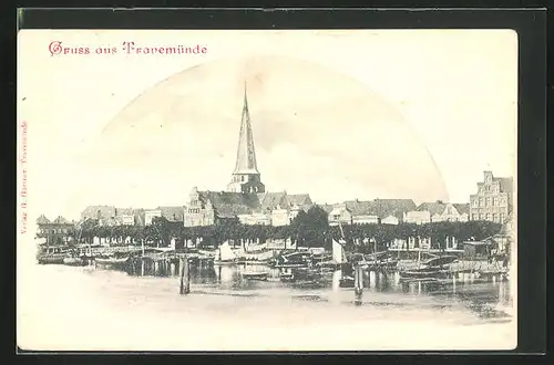 AK Travemünde a. d. Ostsee, Bootsanlegestelle und Blick zum Kirchturm