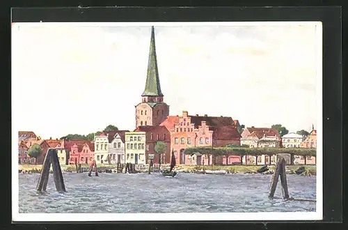 Künstler-AK Travemünde a. d. Ostsee, Blick auf Stadt und Kirche