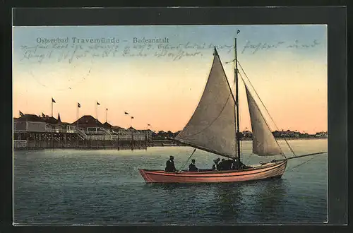 AK Travemünde a. d. Ostsee, Segelschiff vor der Badeanstalt