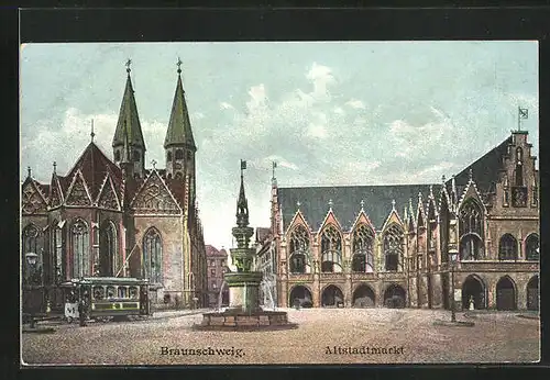 AK Braunschweig, Brunnen und Strassenbahn auf dem Altstadtmarkt