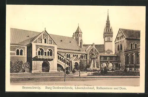 AK Braunschweig, Burg Dankwarderode, Löwendenkmal, Rathausturm und Dom