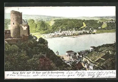 AK St. Goar, an der alten Burg mit Blick auf St. Goarshausen