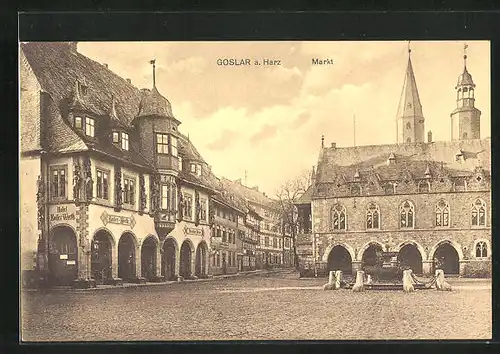 AK Goslar am Harz, Brunnen und Rathaus auf dem Markt
