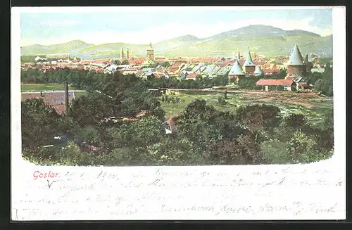 Lithographie Goslar am Harz, Panoramaansicht der Stadt