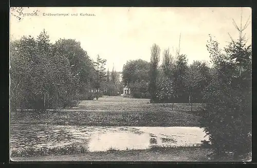 AK Bad Pyrmont, Erdbeertempel und Kurhaus vom Ufer aus