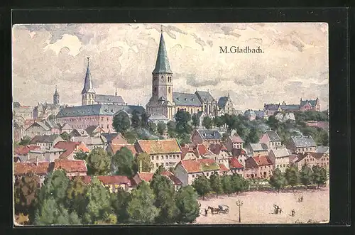 Künstler-AK M.-Gladbach, Blick vom städtischen Platz zu den Kirchen