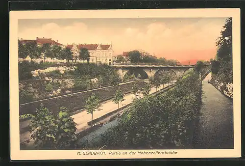 AK Mönchengladbach, Partie an der Hohenzollernbrücke im Abendrot