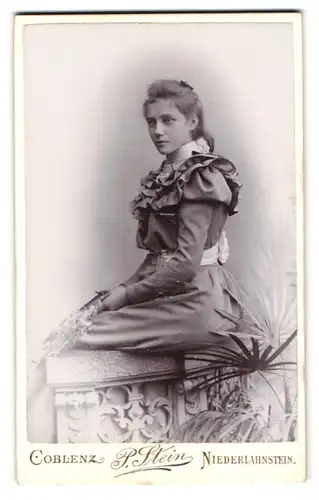 Fotografie P. Stein, Koblenz, Löhrstr. 77, hübsche Frau im Kleid mit Fächer in sitzender Position