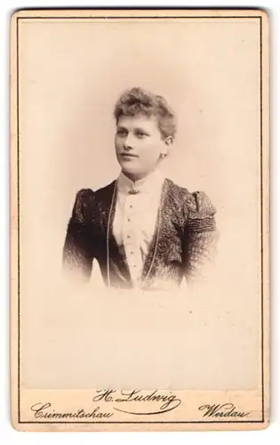 Fotografie H. Ludwig, Crimmitschau, Lindenstr., Dame in eleganter Kleidung mit kurzen Haaren