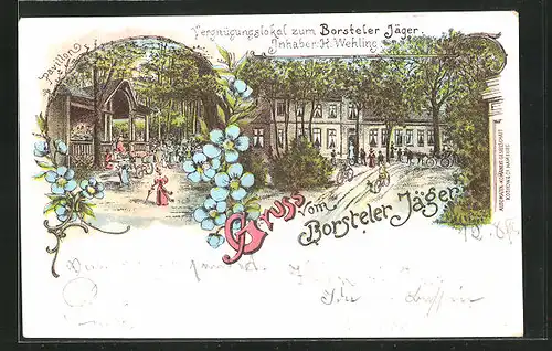 Lithographie Hamburg-Gross-Borstel, Gasthaus Zum Borsteler Jäger, Pavillon und Gesamtansicht