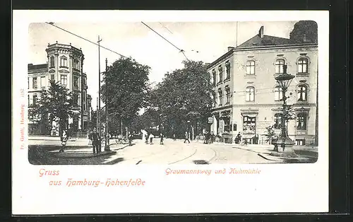 AK Hamburg-Hohenfelde, Graumannsweg-Strasse mit Kuhmühle