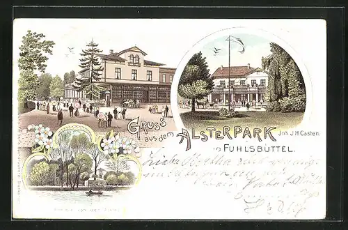 Lithographie Hamburg-Fuhlsbüttel, Gasthaus Alsterpark, Inh. J. H. Casten, Alsterpartie