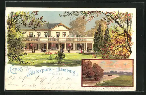 Lithographie Hamburg-Fuhlsbüttel, Gasthaus Alsterpark, Inh. J. H. Casten, Alsteridylle