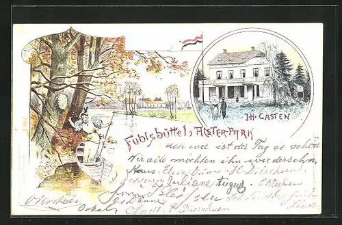 Lithographie Hamburg-Fuhlsbüttel, Gasthaus Alsterpark, Inh. J. H. Casten, Ruderpartie auf der Alster