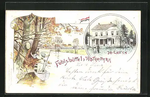Lithographie Hamburg-Fuhlsbüttel, Gasthaus Alsterpark, Inh. J. H. Casten, Ruderpartie auf der Alster