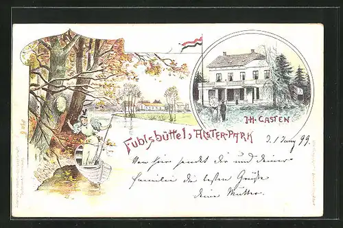 Lithographie Hamburg-Fuhlsbüttel, Gasthaus Alsterpark, Inh. J. H. Casten, Ruderpartie auf der Alster