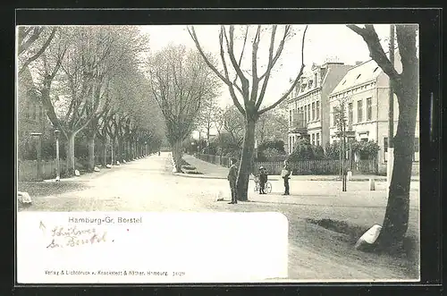 AK Hamburg-Gross-Borstel, Schulweg-Strasse mit Passanten