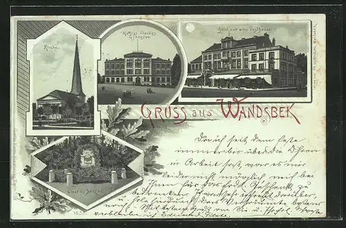 Mondschein-Lithographie Hamburg-Wandsbek, Hotel Zum alten Posthause, Kirche, Matthias Claudius-Gymnasium