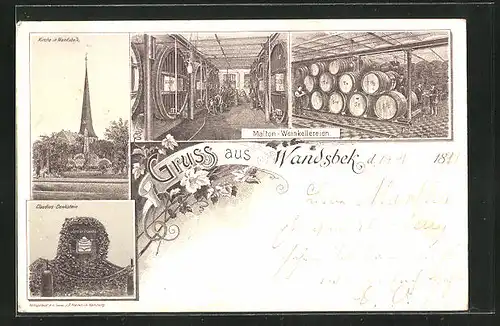 Lithographie Hamburg-Wandsbek, Kirche, Claudius-Denkstein, Malton-Weinkellerein