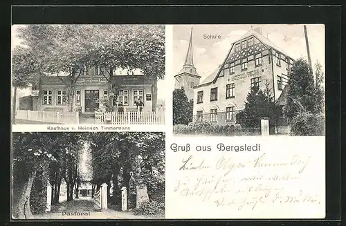 AK Hamburg-Bergstedt, Kaufhaus v. Heinrich Timmermann, Schule, Pastorat