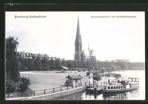 AK Hamburg-Hohenfelde, Gertrudenkirche mit Kuhmühlenteich