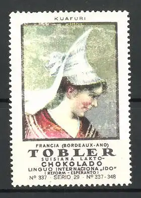 Reklamemarke Tobler Suisiana Lakto-Chokolado, Kuafuri, Francia, Frau in Tracht, Serie 29, Bild 337