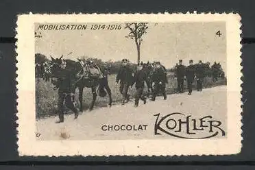 Reklamemarke Chocolat Kohler, Mobilisation 1914-1916, Bild 4, Soldaten mit Pferden am Waldrand