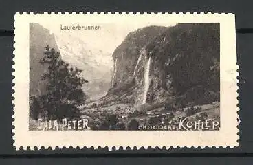 Reklamemarke Lauterbrunnen, Ortspartie im Gebirge, Gala Peter Chocoalt Kohler