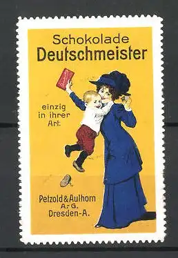 Reklamemarke Schokolade Deutschmeister einzig in ihrer Art, Petzold & Aulhorn, Dresden, Bube umarmt die Mutter