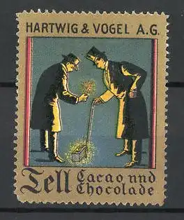 Reklamemarke Tell Cacao & Chocolade, Hartwig & Vogel AG, zwei Herren beleuchten Schokolade mit einer Lampe