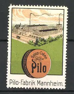 Reklamemarke Pilo Galop-Creme, Gesamtansicht der Pilo-Fabrik in Mannheim, Schuhputz-Dose