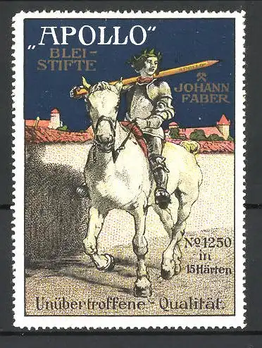 Reklamemarke Apollo Bleistifte in unübertroffener Qualität, Johann Faber, Ritter reitet auf einem Pferd