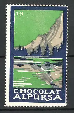 Künstler-Reklamemarke Chocolat Alpursa, Idylle mit See im Gebirge