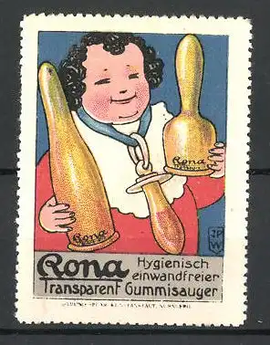 Künstler-Reklamemarke Johann Peter Werth, Rona hygienisch & einwandfreier Gummisauger, Knabe mit Flaschensaugern