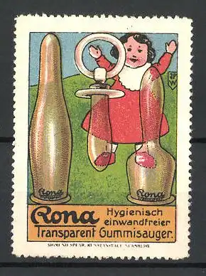 Künstler-Reklamemarke Johann Peter Werth, Rona hygienisch & einwandfreier Gummisauger, Mädchen mit Saugern