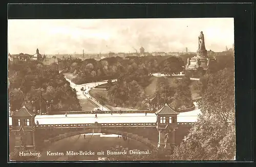 AK Hamburg-St. Pauli, Kersten Miles Brücke mit Bismarckdenkmal