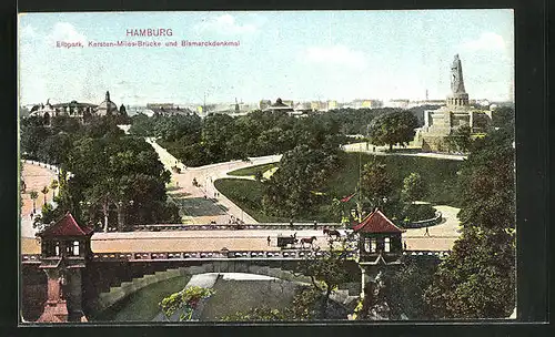AK Hamburg-St. Pauli, Elbpark, Kersten Miles Brücke und Bismarckdenkmal