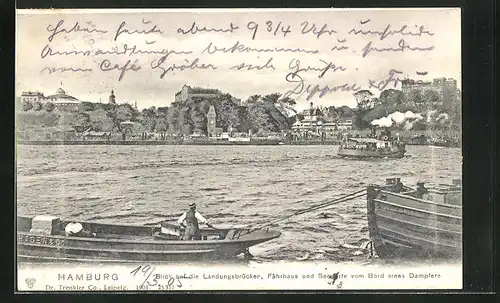 AK Hamburg-St. Pauli, Blick auf die Landungsbrücken, Fährhaus und Seewarte vom Bord eines Dampfers