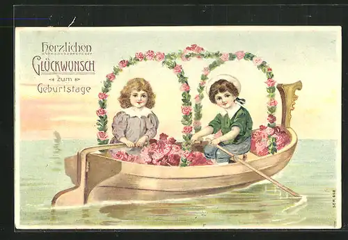 Künstler-AK Kinder in eine Boot gefüllt mit Rosenblüten, Geburtstagsgruss