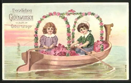 AK Geburtstagsgruss, Kinder im Boot mit Rosenblüten