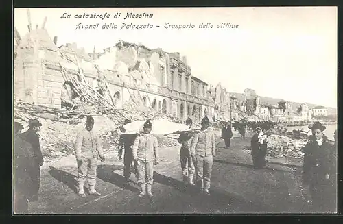 AK Messina, La catastrofe, avanzi della Palazzata, trasporto delle vitime, Erdbeben