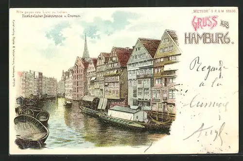 Lithographie Hamburg, Fleet zwischen Deichstrasse und Cremon, Halt gegen das Licht