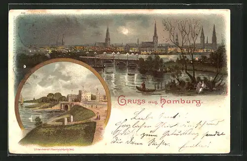 Lithographie Hamburg-Neustadt, Stadtansicht bei Nacht, Uhlenhorst, Feenteichbrücke