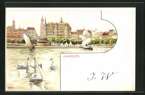 Lithographie Hamburg-Neustadt, Ortsansicht mit Schwänen auf der Alster