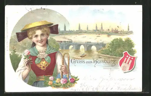 Lithographie Hamburg-Neustadt, Panorama & junge Vierländerin