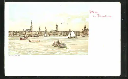 Lithographie Hamburg-Neustadt, Schiffsverkehr auf der Binnenalster, Blick zur Stadt
