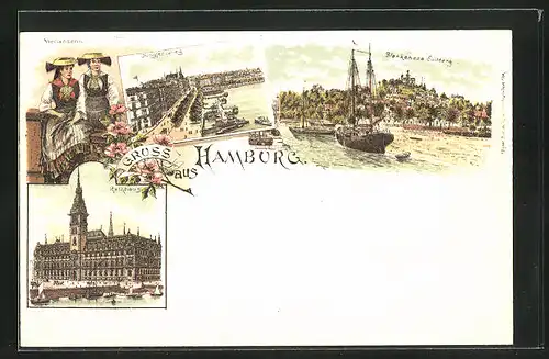 Lithographie Hamburg-Blankenese, Rathaus, Jungfernstieg, Süllberg und Segelboot