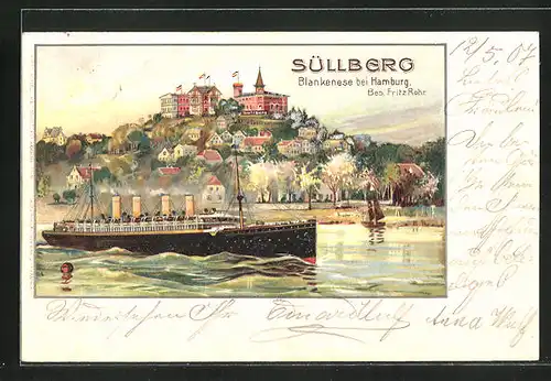 Lithographie Hamburg-Blankenese, Süllberg mit Dampfer