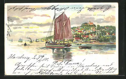 Lithographie Hamburg-Blankenese, Süllberg mit Segelboot