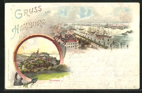 Lithographie Hamburg-Blankenese, Hafen, Ortspartie